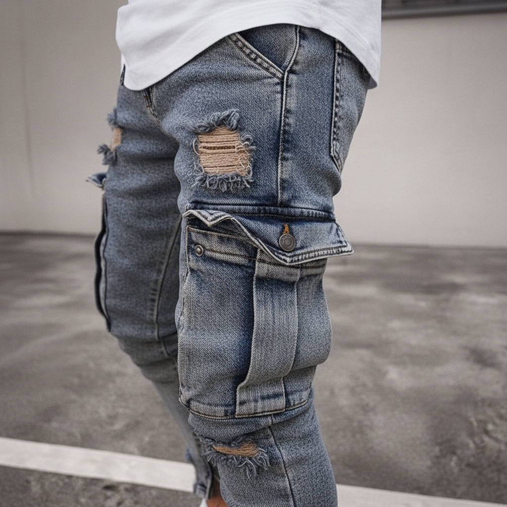 Men's Tapered Denim Cargo Trousers Utility Streetwear with Thigh