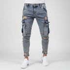 Men's Tapered Denim Cargo Trousers Utility Streetwear with Thigh