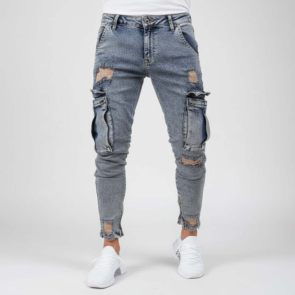 Men's Tapered Denim Cargo Trousers Utility Streetwear with Thigh