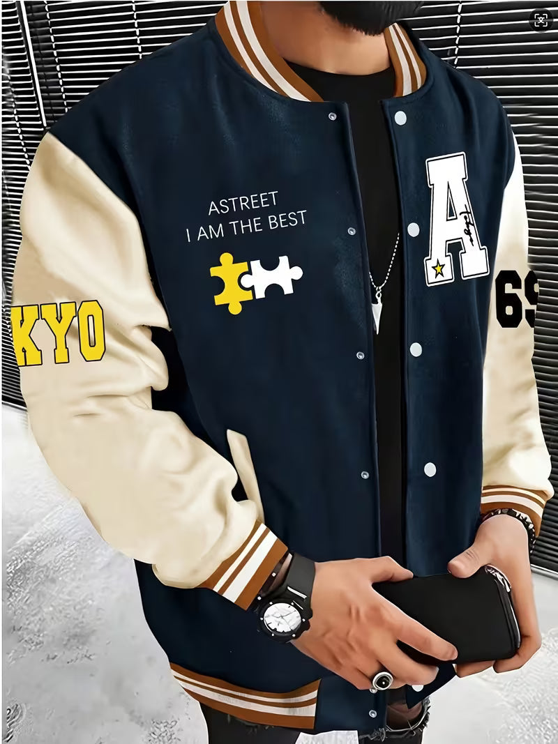 Men's Colour Block Jacket Casual Baseball Collar Zip Up