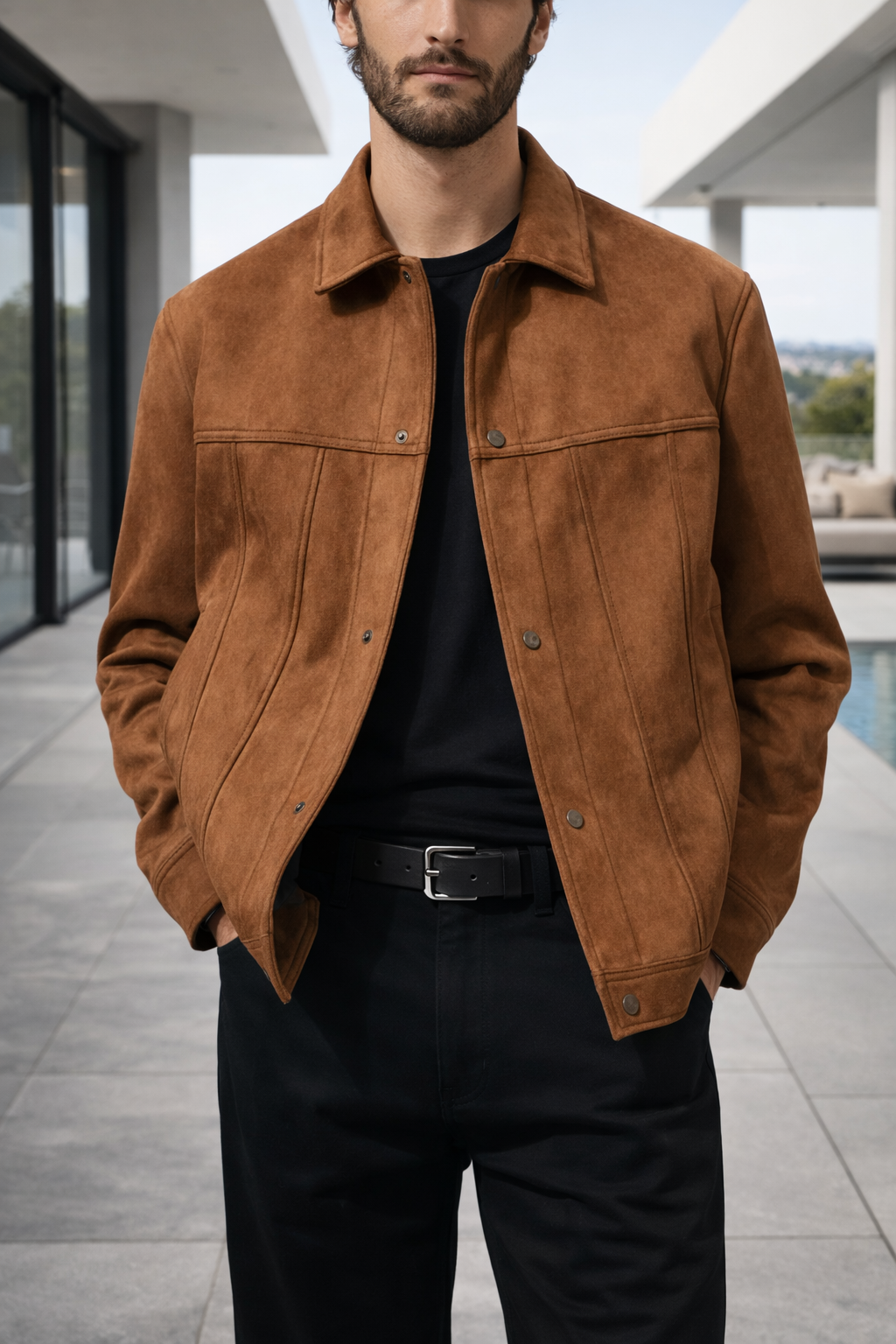 Men's Suede Trucker Jacket with Button Front Closure