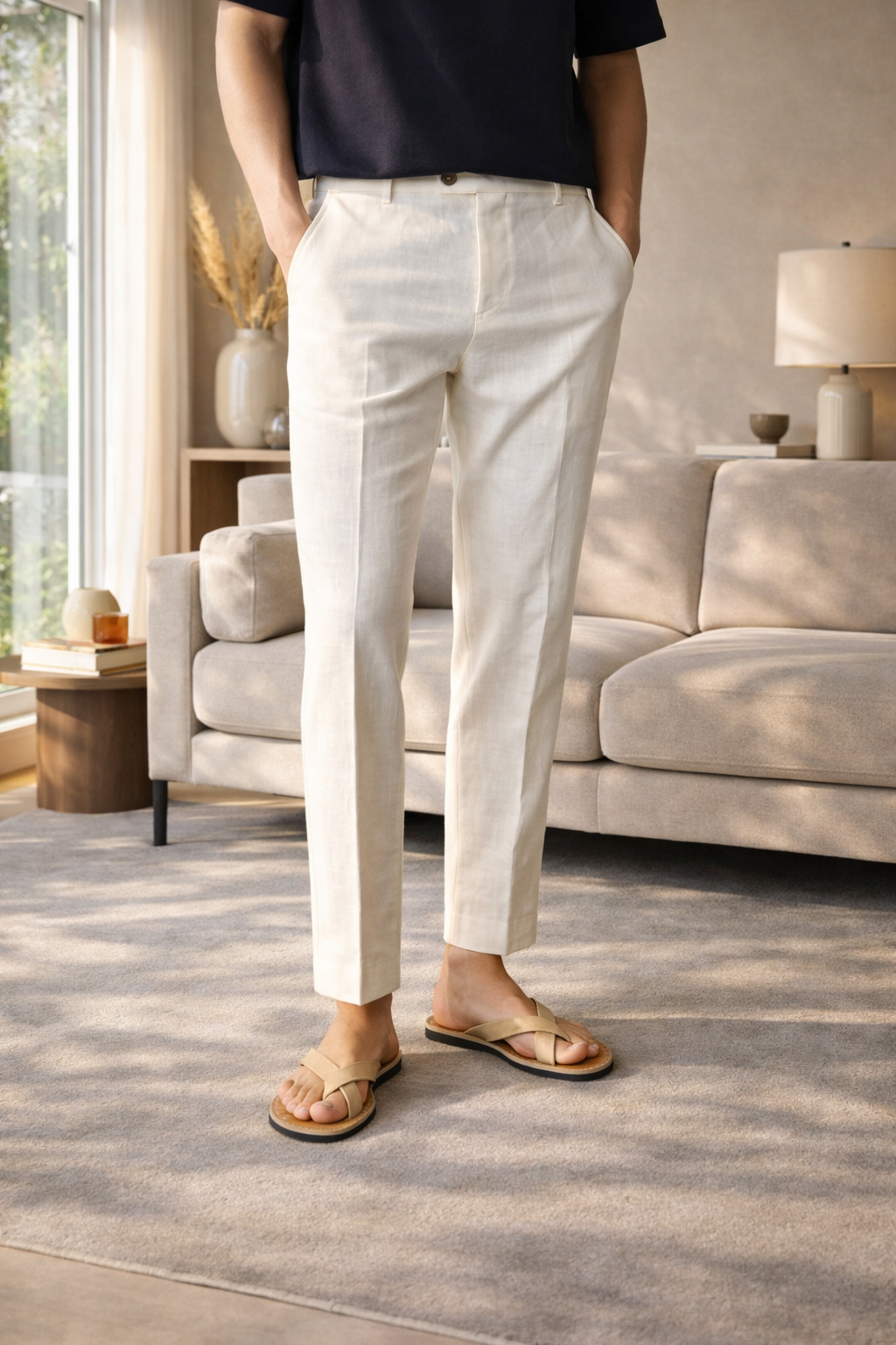 Men's Linen Blend Tailored Trousers Straight Leg Smart Casual