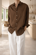 Men's Linen Blend Long Sleeve Shirt Casual Button Front
