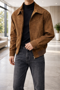Men's Suede Leather Jacket with Zip Front Collar