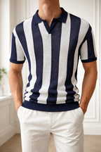 Men's Textured Knit Polo Shirt with Vertical Stripe Design