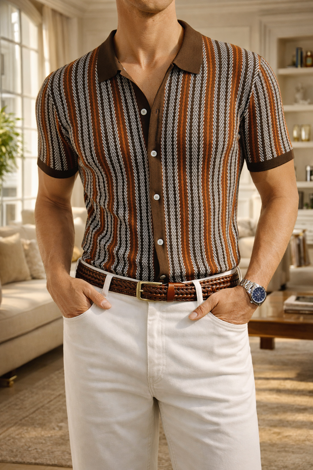 Men's Patterned Knit Button Up Polo Shirt Smart Casual