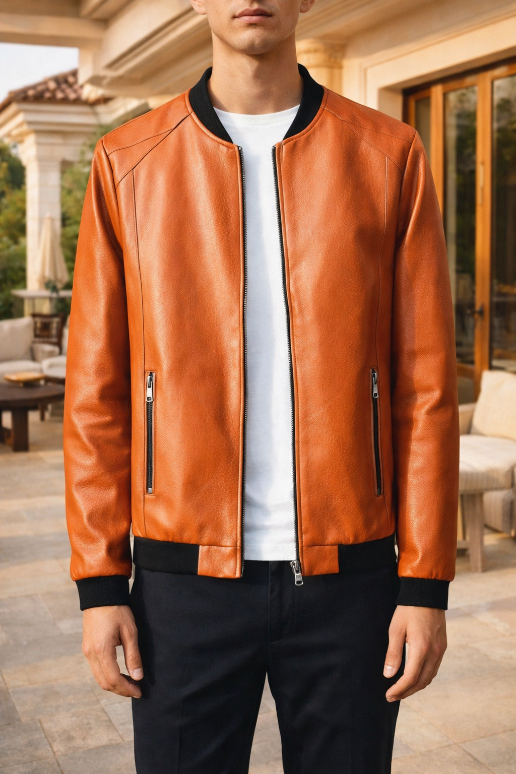 Men's Leather Bomber Jacket with Rib Trim Zip Front