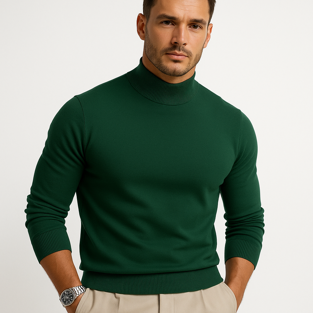 Men's Minimalist Fitted Turtleneck Sweater in Breathable Knit - Green