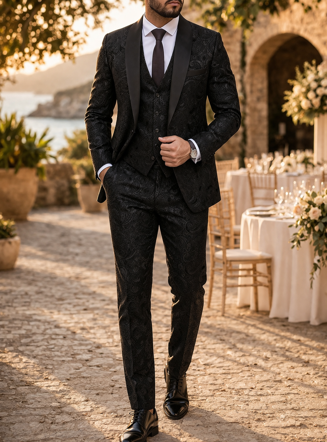Men's Three Piece Patterned Wedding Suit with Shawl Lapel