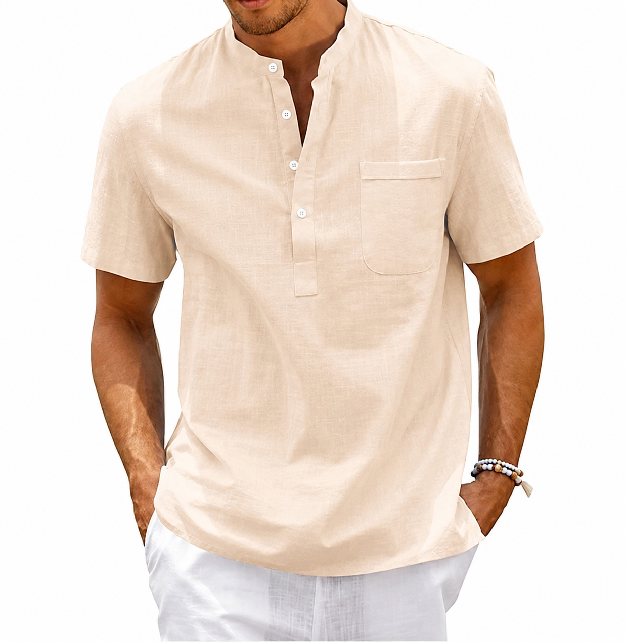 Men's Band Collar Short Sleeve Henley Shirt With Chest