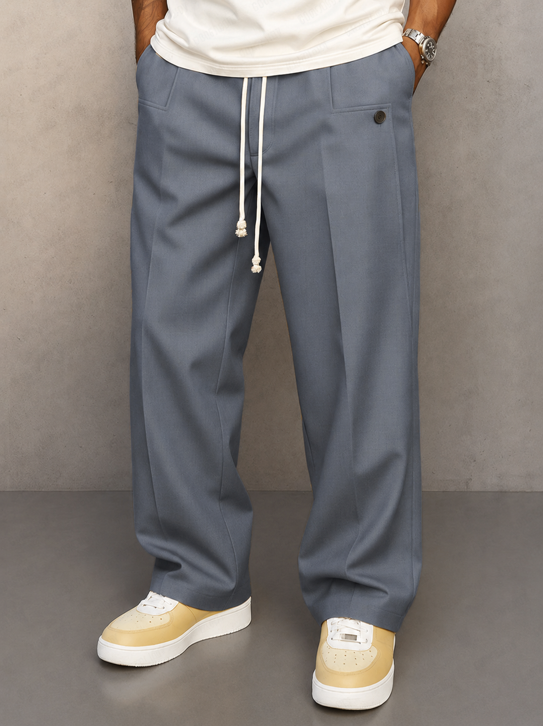 Men's Wide Leg Drawstring Pleated Casual Trousers