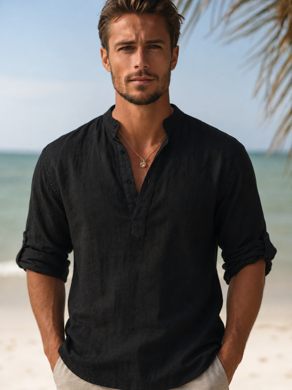 Men's Relaxed Fit Long Sleeve Resort Collar Summer Shirt