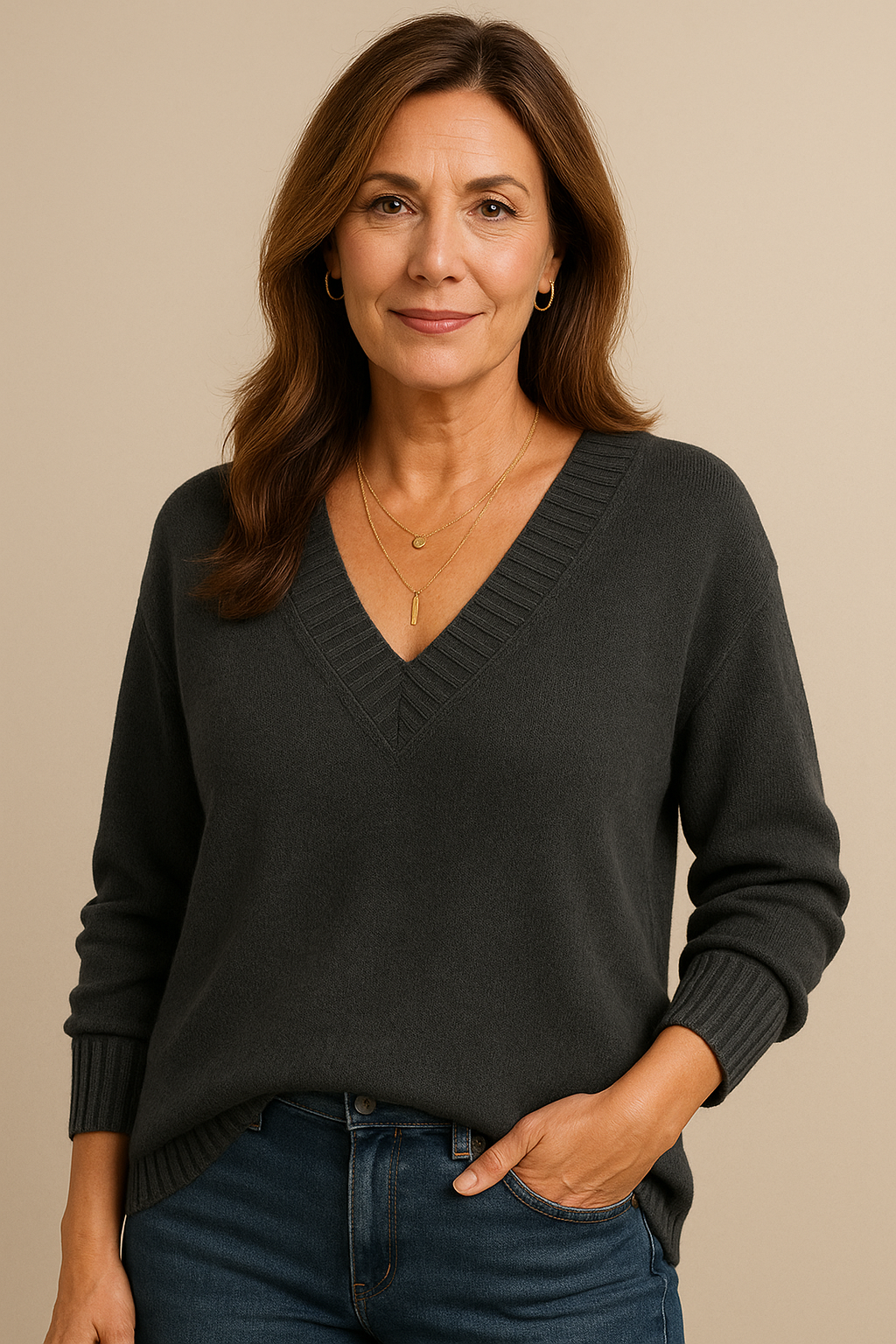 Women's Deep V-Neck Knitted Jumper Relaxed Long Sleeve