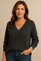 Women's Deep V-Neck Knitted Jumper Relaxed Long Sleeve