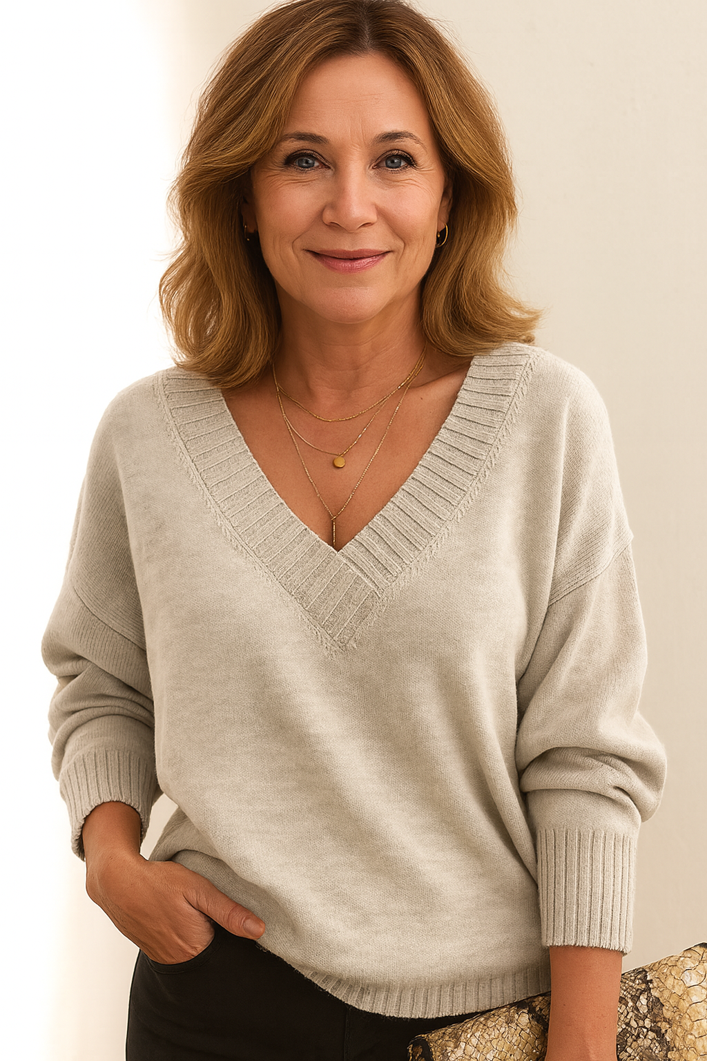 Women's Deep V-Neck Knitted Jumper Relaxed Long Sleeve