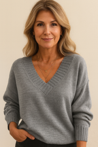 Women's Deep V-Neck Knitted Jumper Relaxed Long Sleeve
