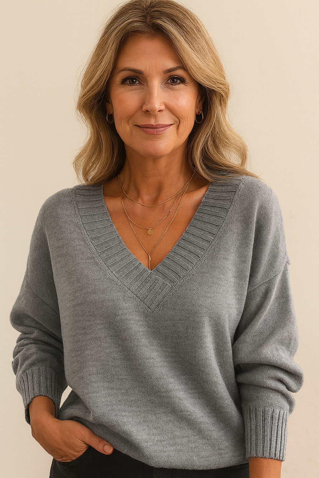 Women's Deep V-Neck Knitted Jumper Relaxed Long Sleeve
