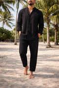 Men's Linen Co Ord Set Relaxed Collarless Shirt