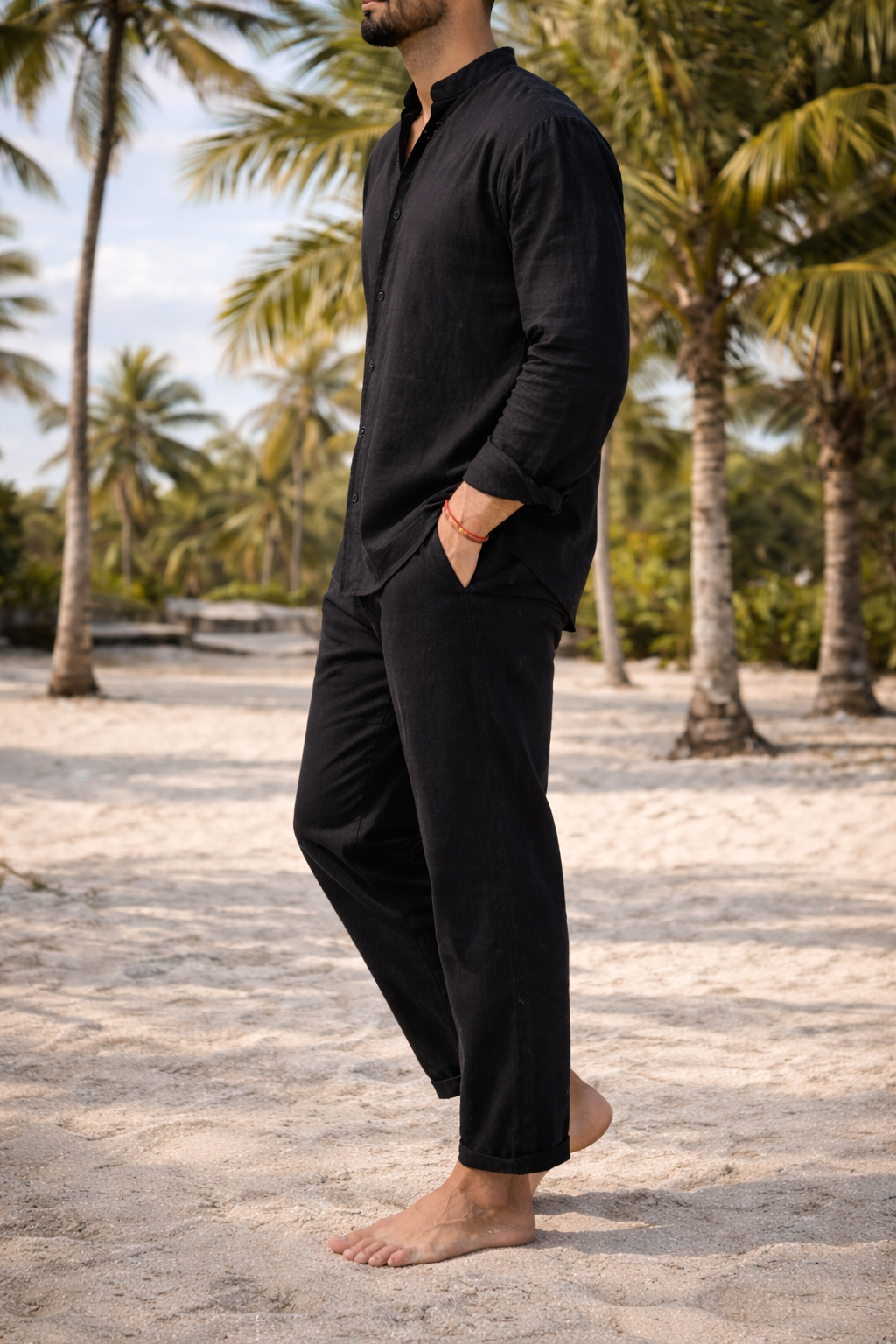 Men's Linen Co Ord Set Relaxed Collarless Shirt
