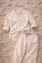 Men's Linen Co Ord Set Relaxed Collarless Shirt