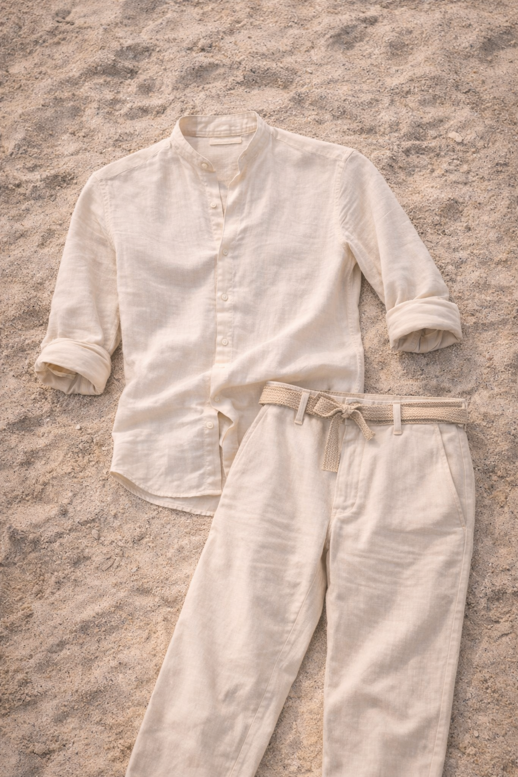 Men's Linen Co Ord Set Relaxed Collarless Shirt
