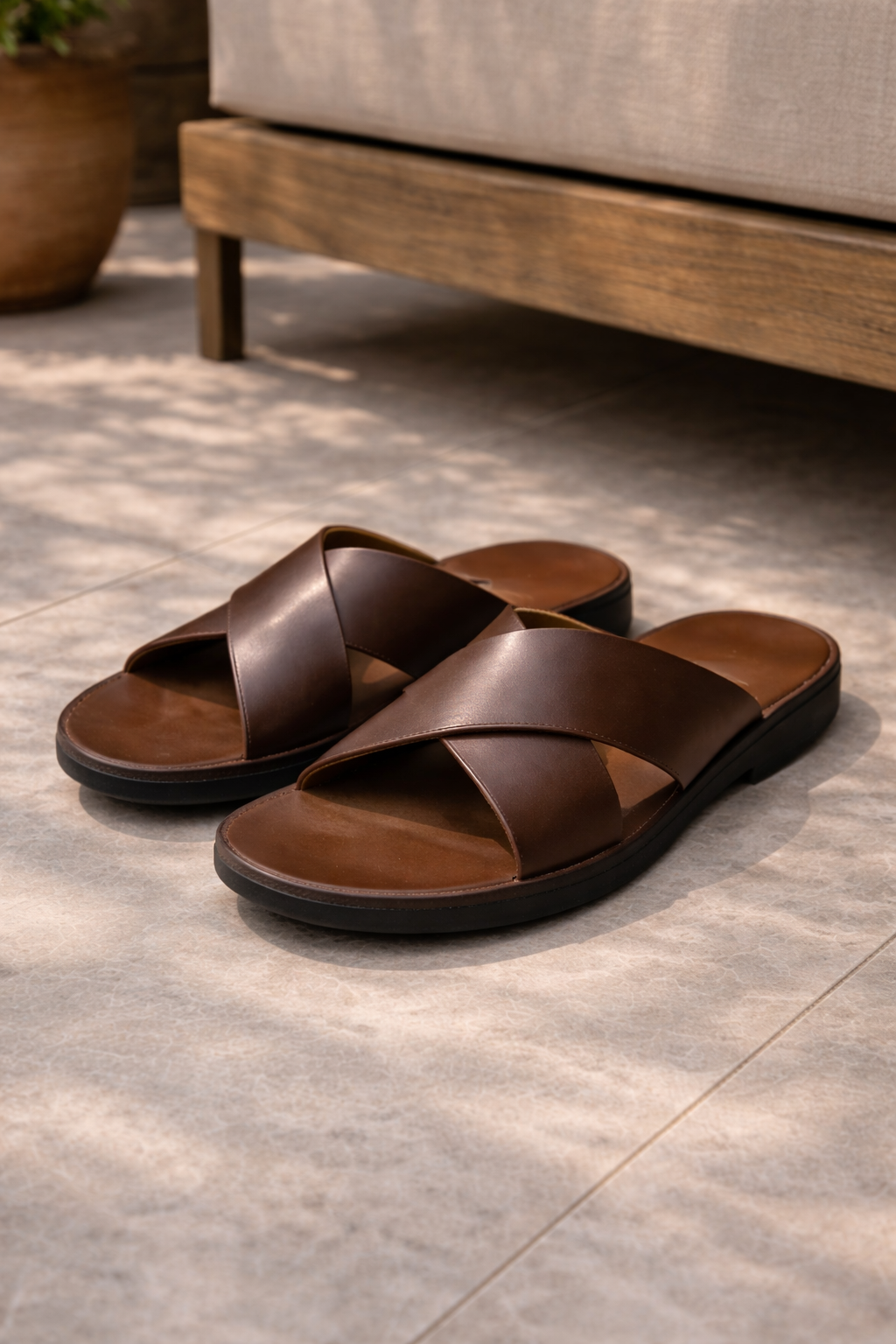 Men's Leather Slide Sandals Cross Strap Summer Comfort