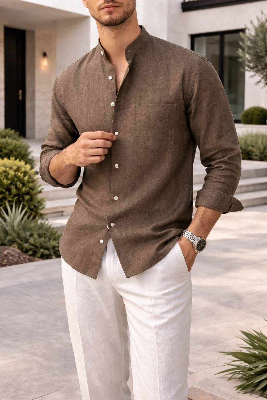 Men's Grandad Collar Linen Blend Shirt Button Front Casual