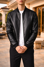 Men's Leather Bomber Jacket with Rib Trim Zip Front
