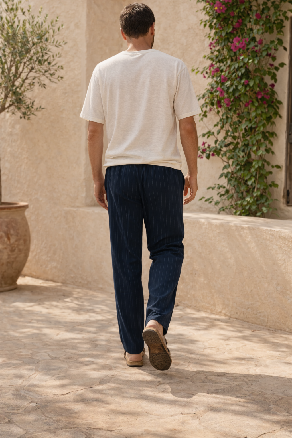 Men's Vertical Stripe Linen Drawstring Trousers Relaxed Fit Pants