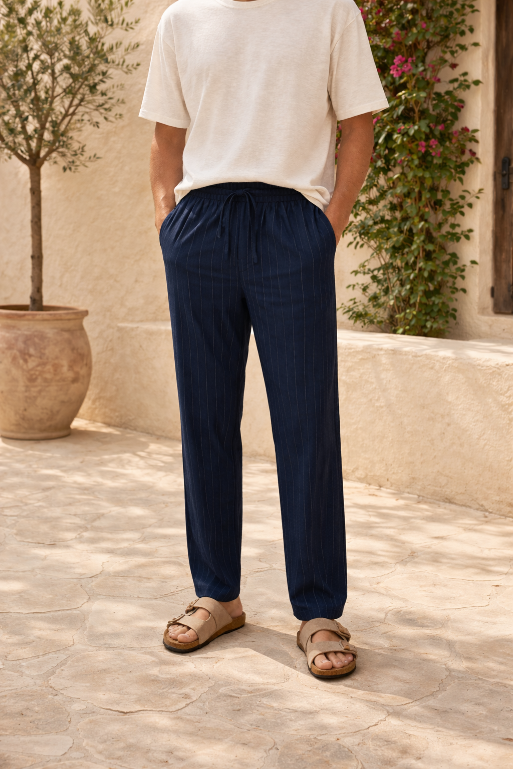 Men's Vertical Stripe Linen Drawstring Trousers Relaxed Fit Pants