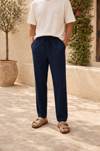 Men's Vertical Stripe Linen Drawstring Trousers Relaxed Fit Pants