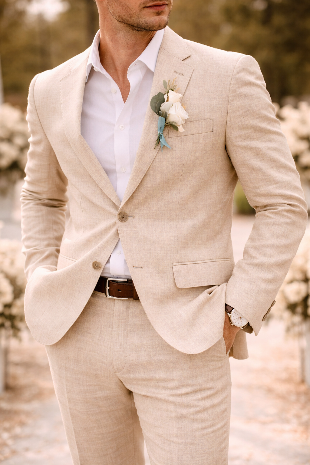 Men's Tailored Linen Blend Suit Wedding Occasion Formalwear
