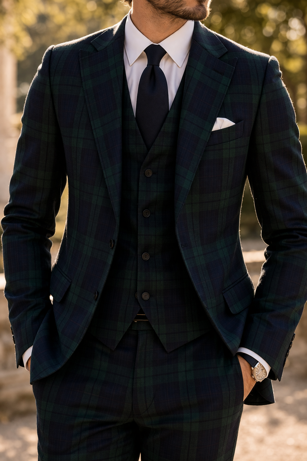 Men's Three Piece Wedding Suit with Check Tailoring