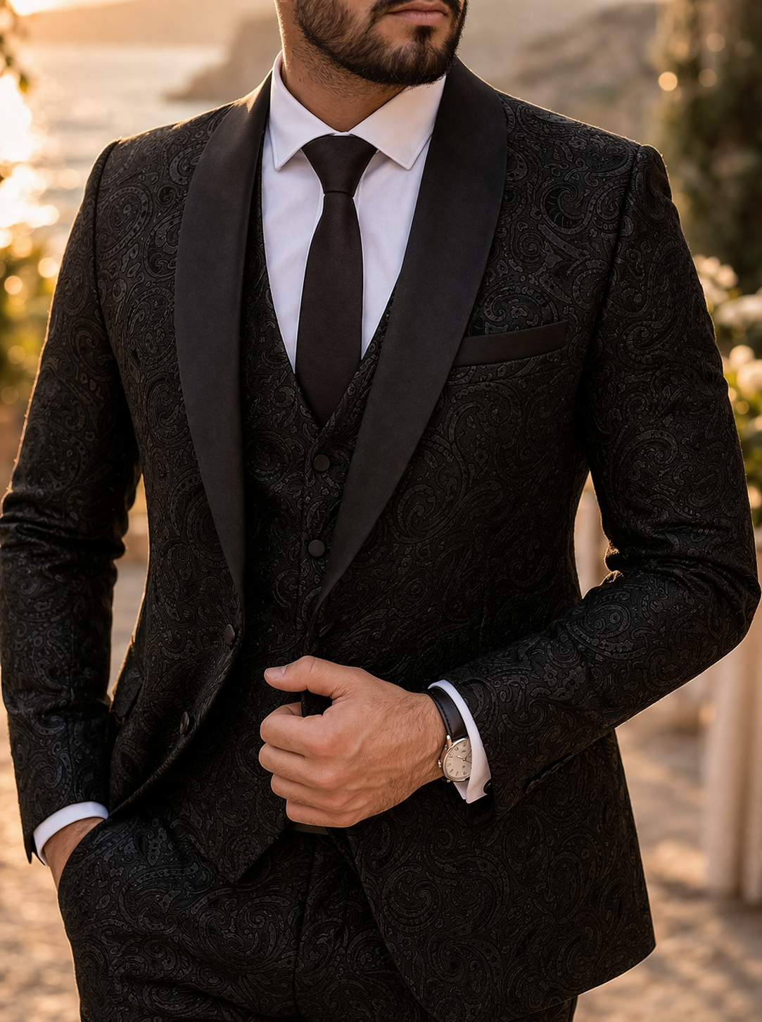 Men's Three Piece Patterned Wedding Suit with Shawl Lapel