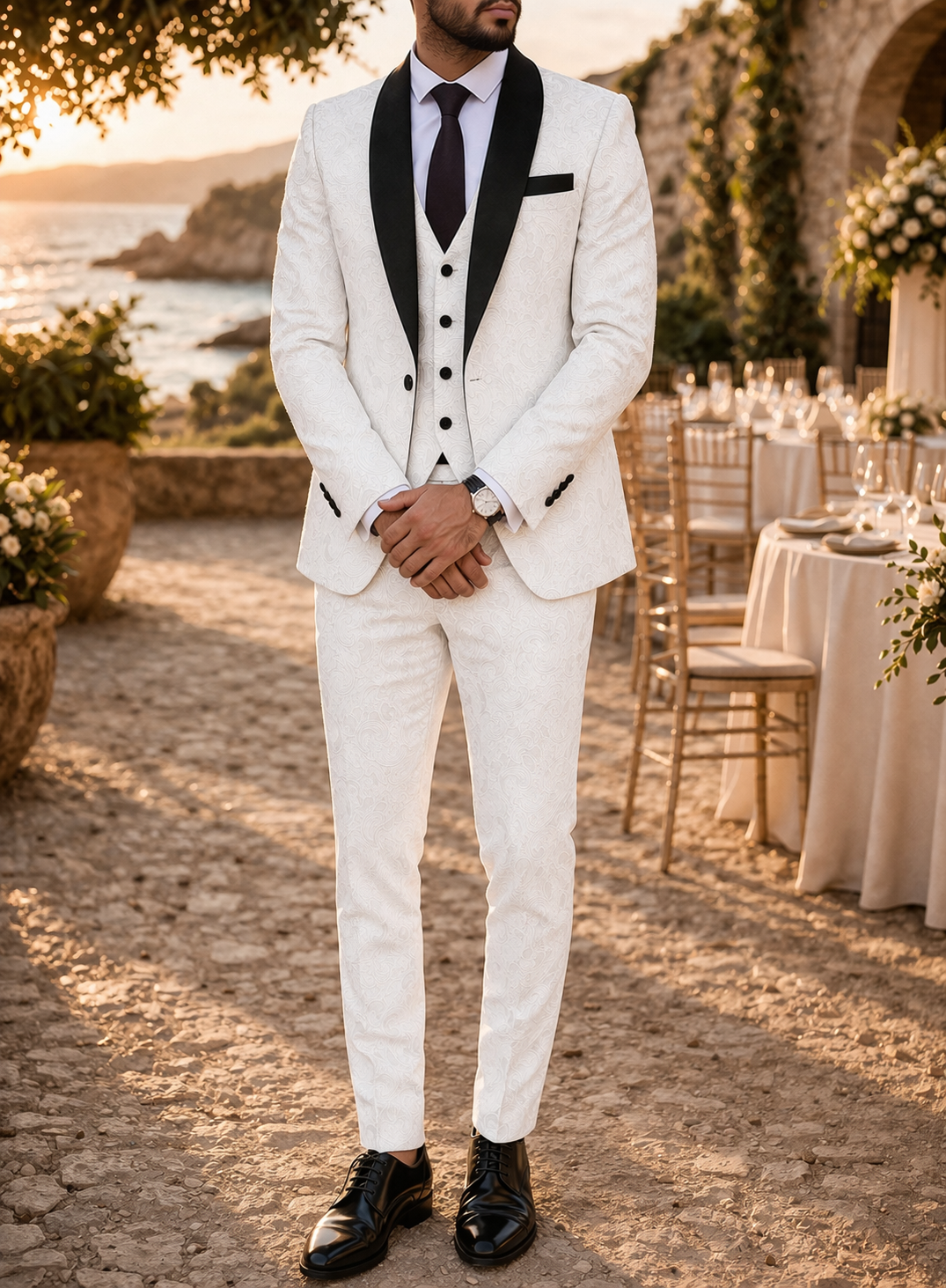 Men's Three Piece Patterned Wedding Suit with Shawl Lapel