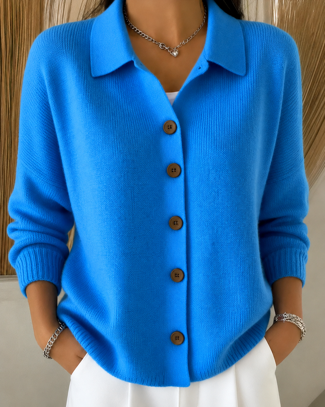 Women's Collared Button-Front Cardigan in Soft Knit – Blue