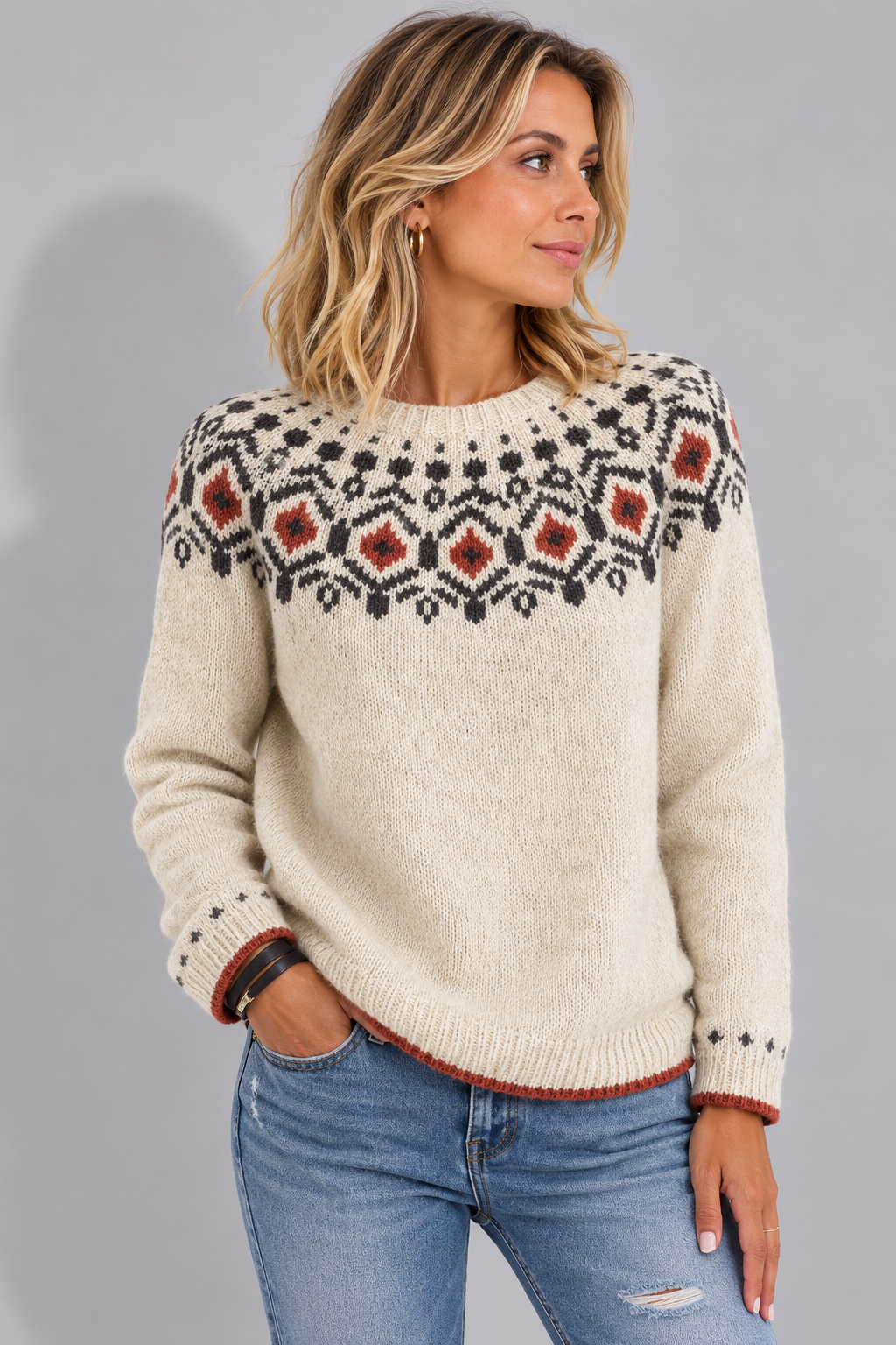 Women's Slightly Oversized Patterned Yoke Crew Sweater