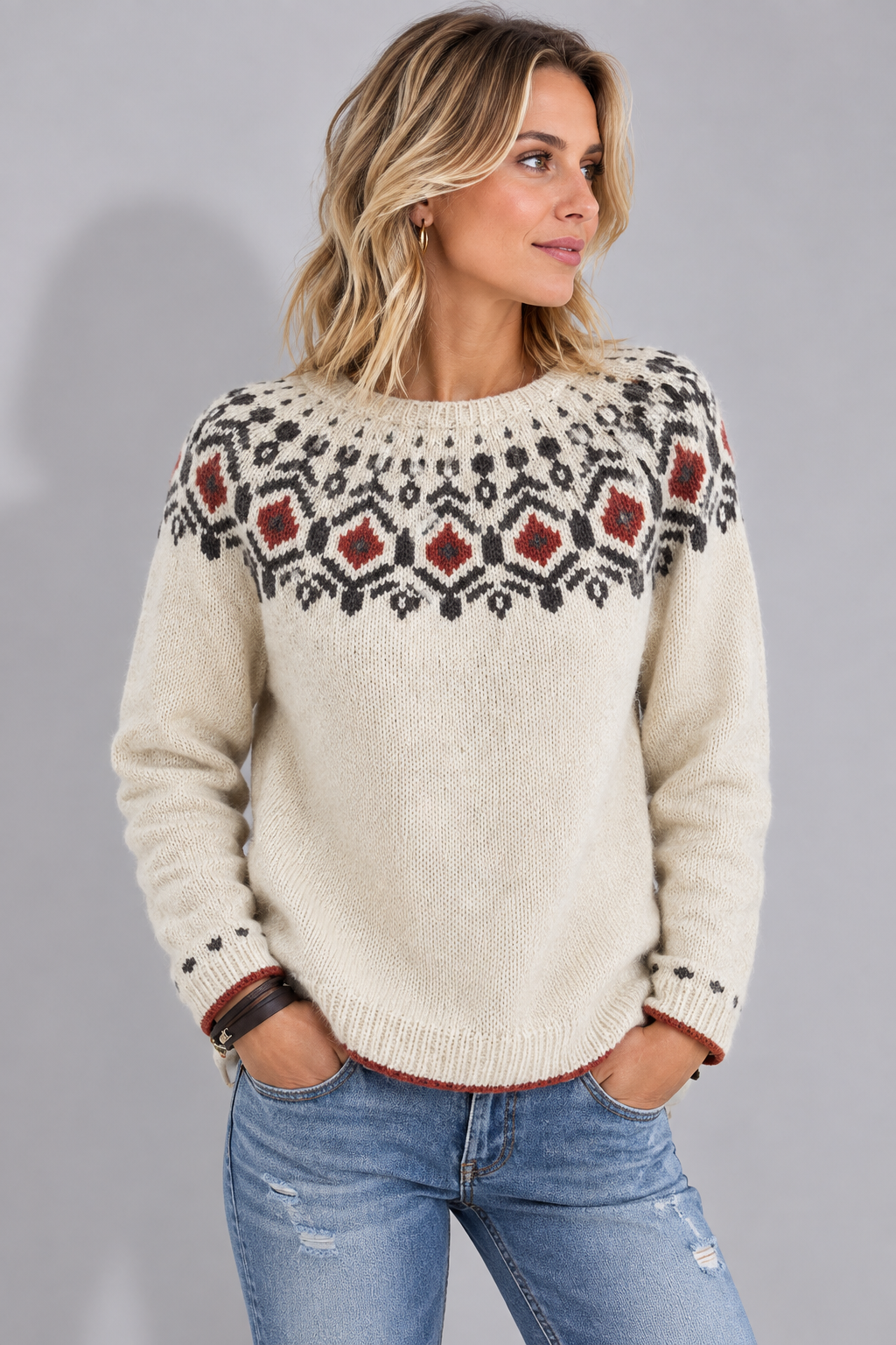 Women's Slightly Oversized Patterned Yoke Crew Sweater