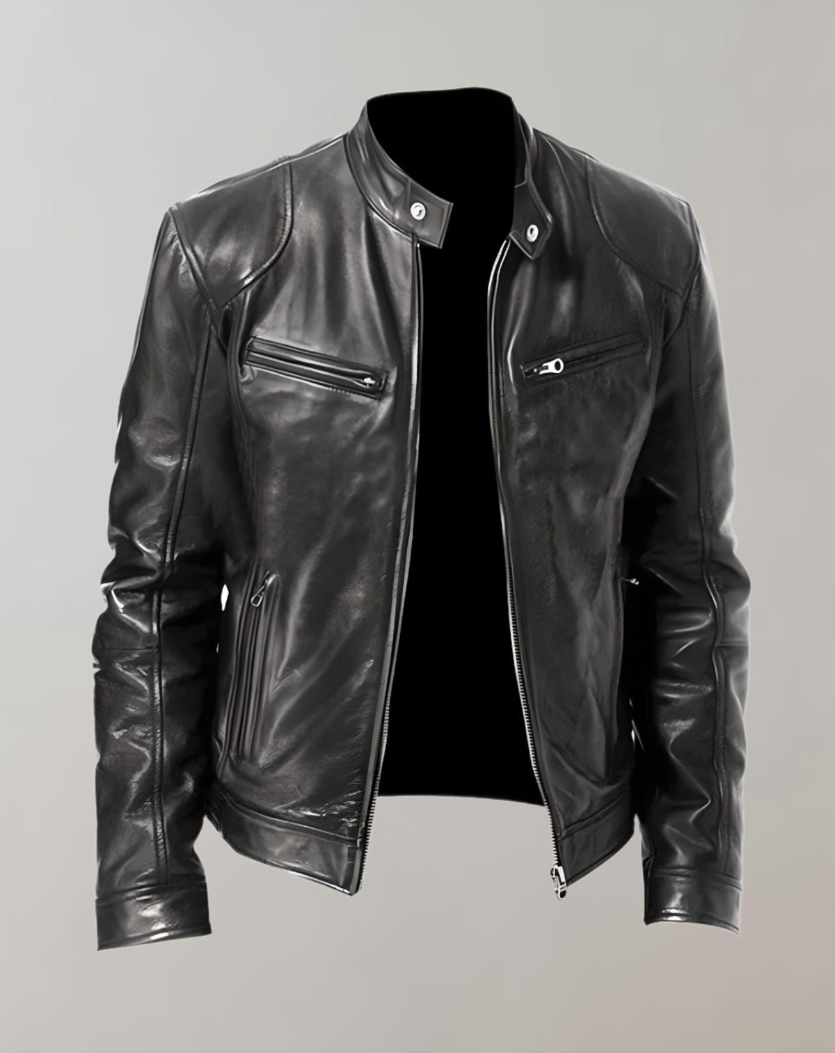 Men's Fitted Glossy Leather Racer Jacket - Black