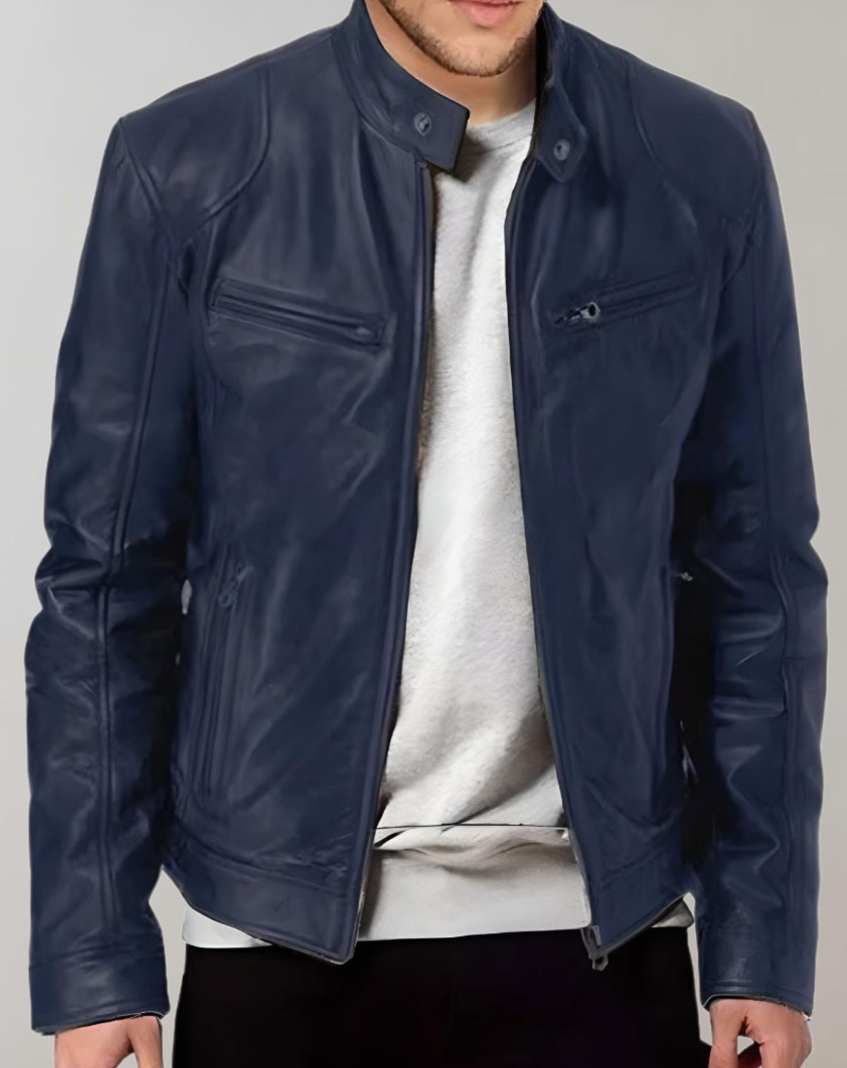 Men's Fitted Glossy Leather Racer Jacket - Dark Blue