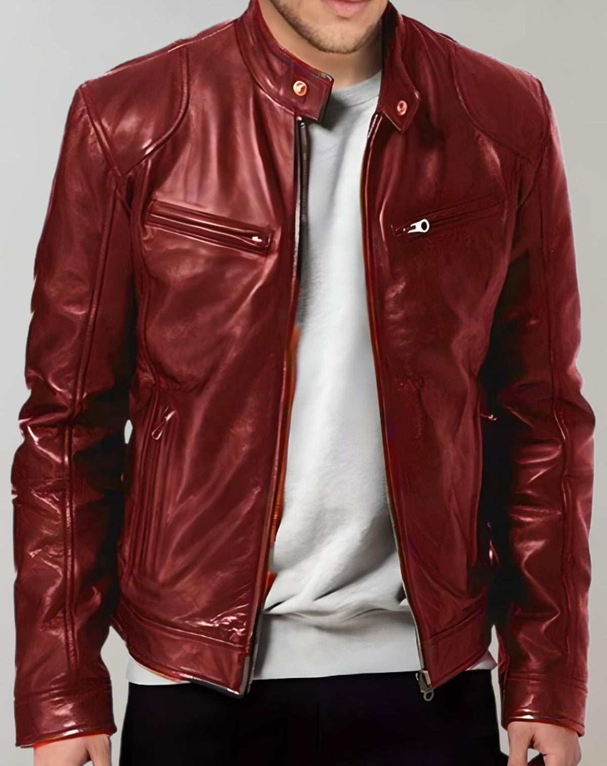Men's Fitted Glossy Leather Racer Jacket - Wine Red