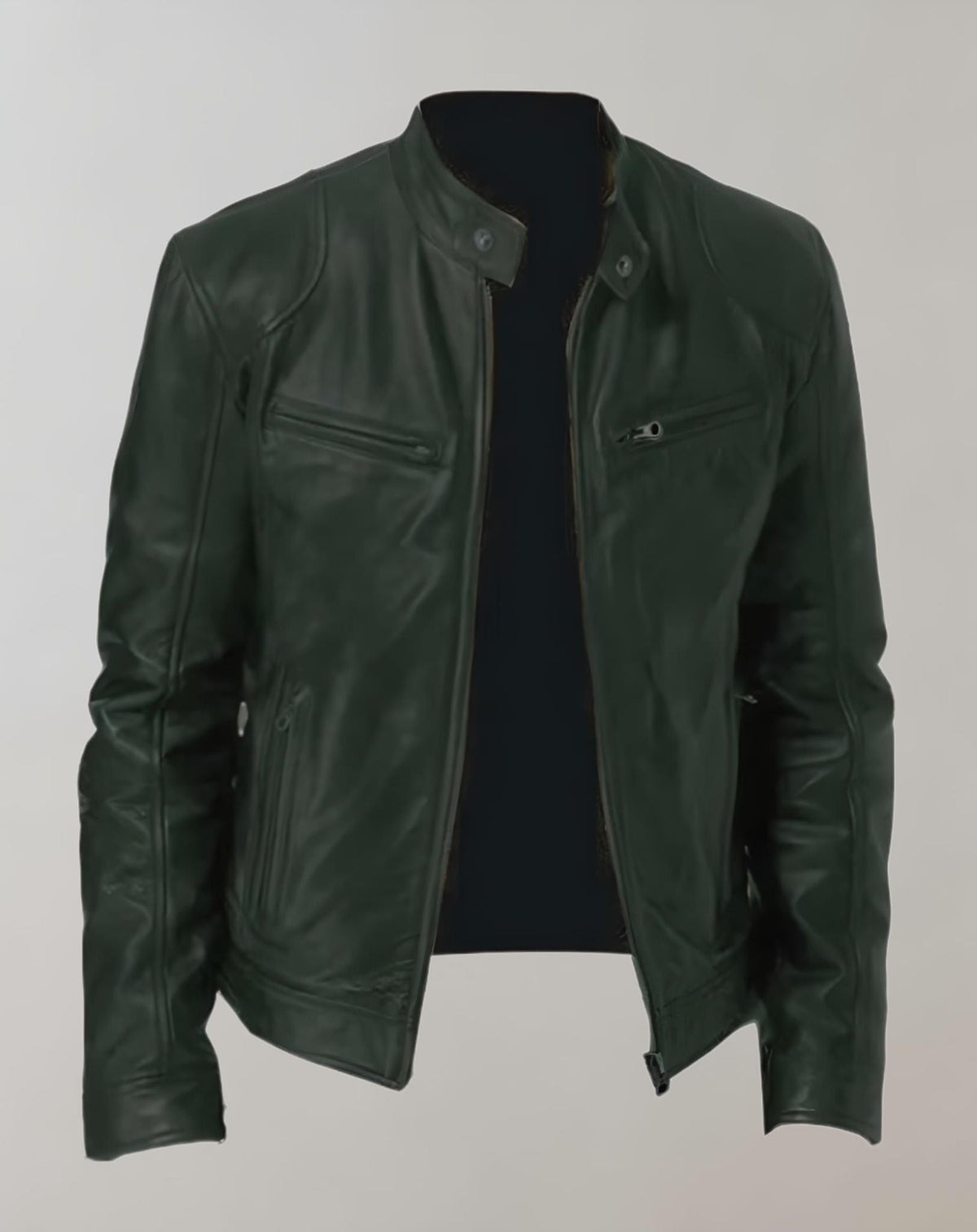 Men's Fitted Glossy Leather Racer Jacket - Dark Green