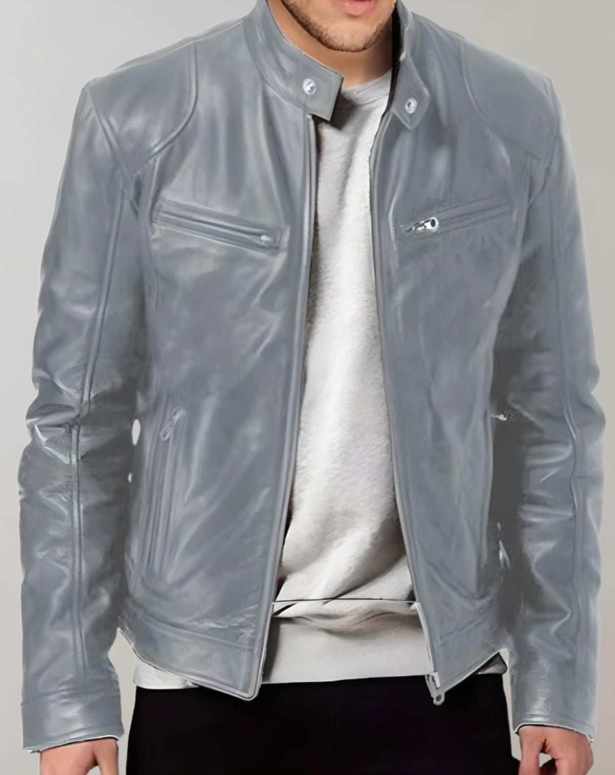 Men's Fitted Glossy Leather Racer Jacket - Light Gray