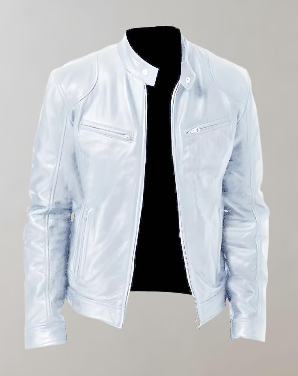 Men's Fitted Glossy Leather Racer Jacket - White