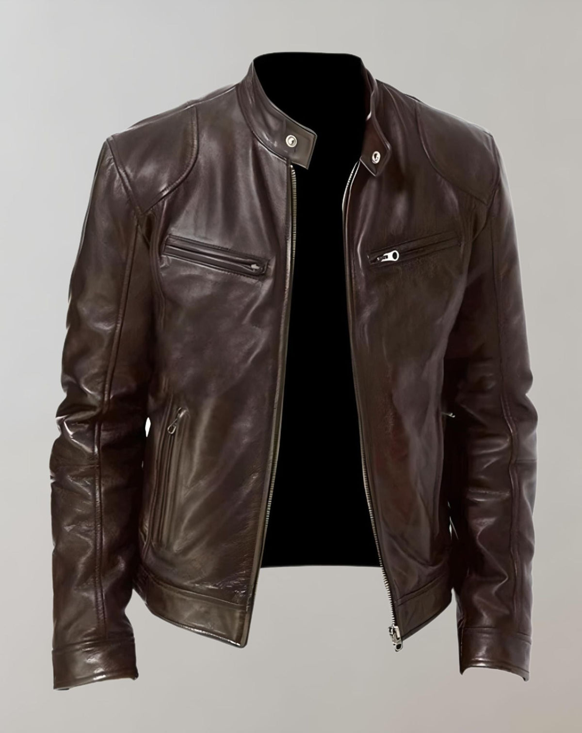 Men's Fitted Glossy Leather Racer Jacket - Dark Brown
