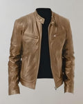 Men's Fitted Glossy Leather Racer Jacket - Khaki