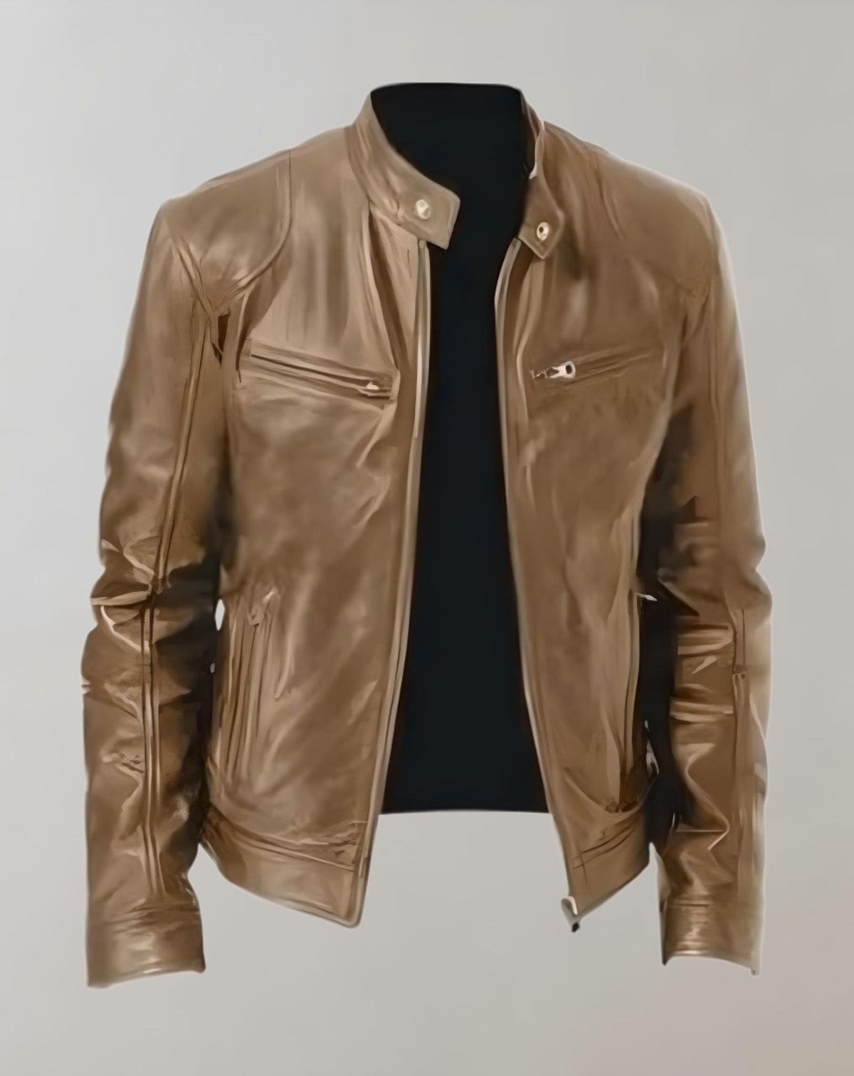 Men's Fitted Glossy Leather Racer Jacket - Khaki