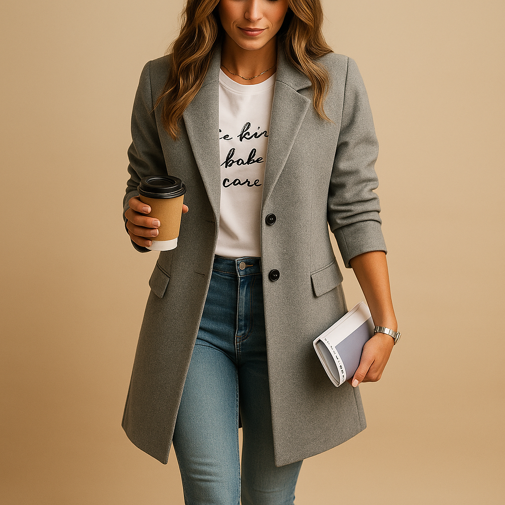 Women's Long Wool Topcoat for Office and Evenings - Gray