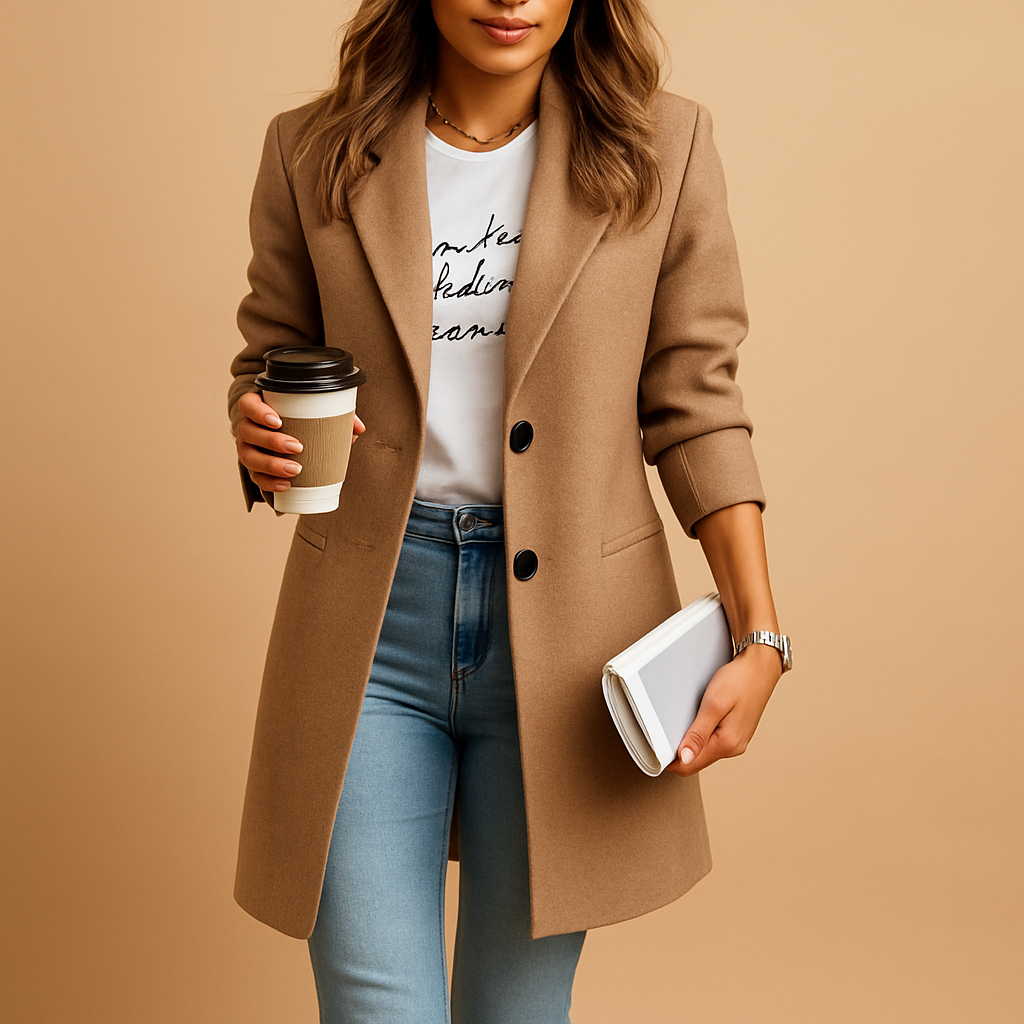 Women's Long Wool Topcoat for Office and Evenings - Khaki