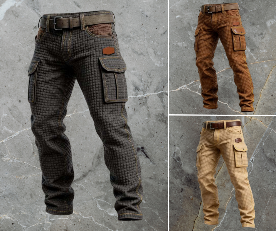 Men's Quilted Cargo Trousers Textured Utility Pocket Slim Fit